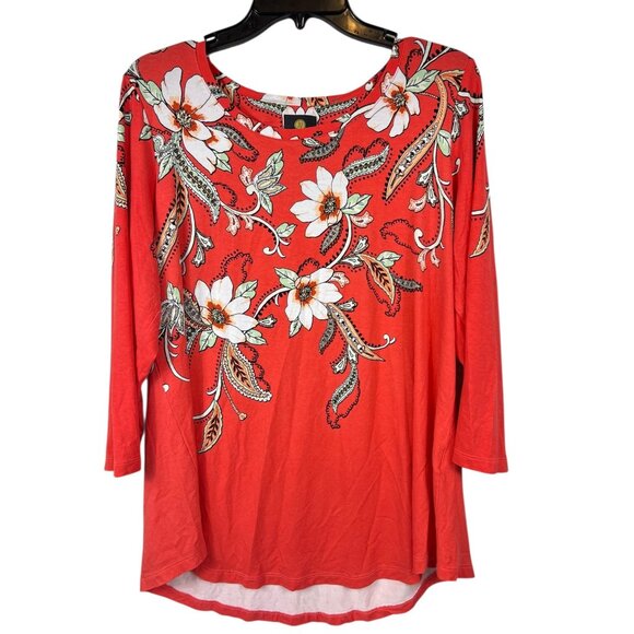 JM Collection Womens Size 1X Coral Floral Print 3/4 Sleeve Top - Picture 1 of 11